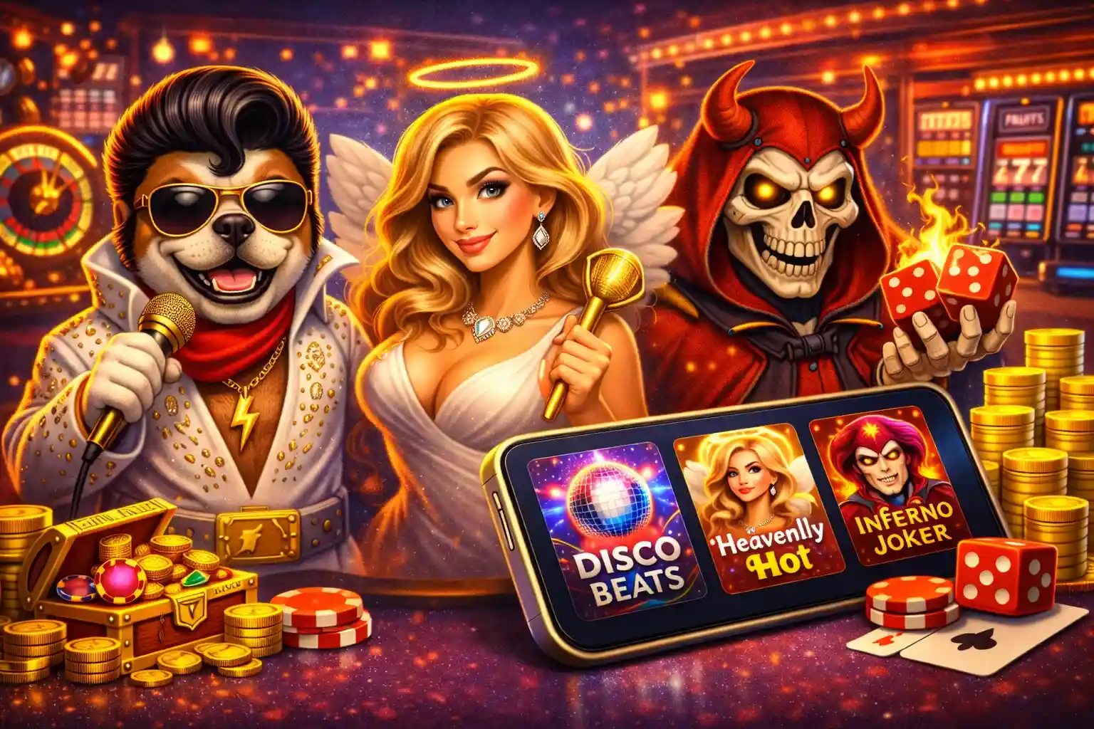 Fantasy casino heroes playing mobile slots with gold coins and jackpot lights