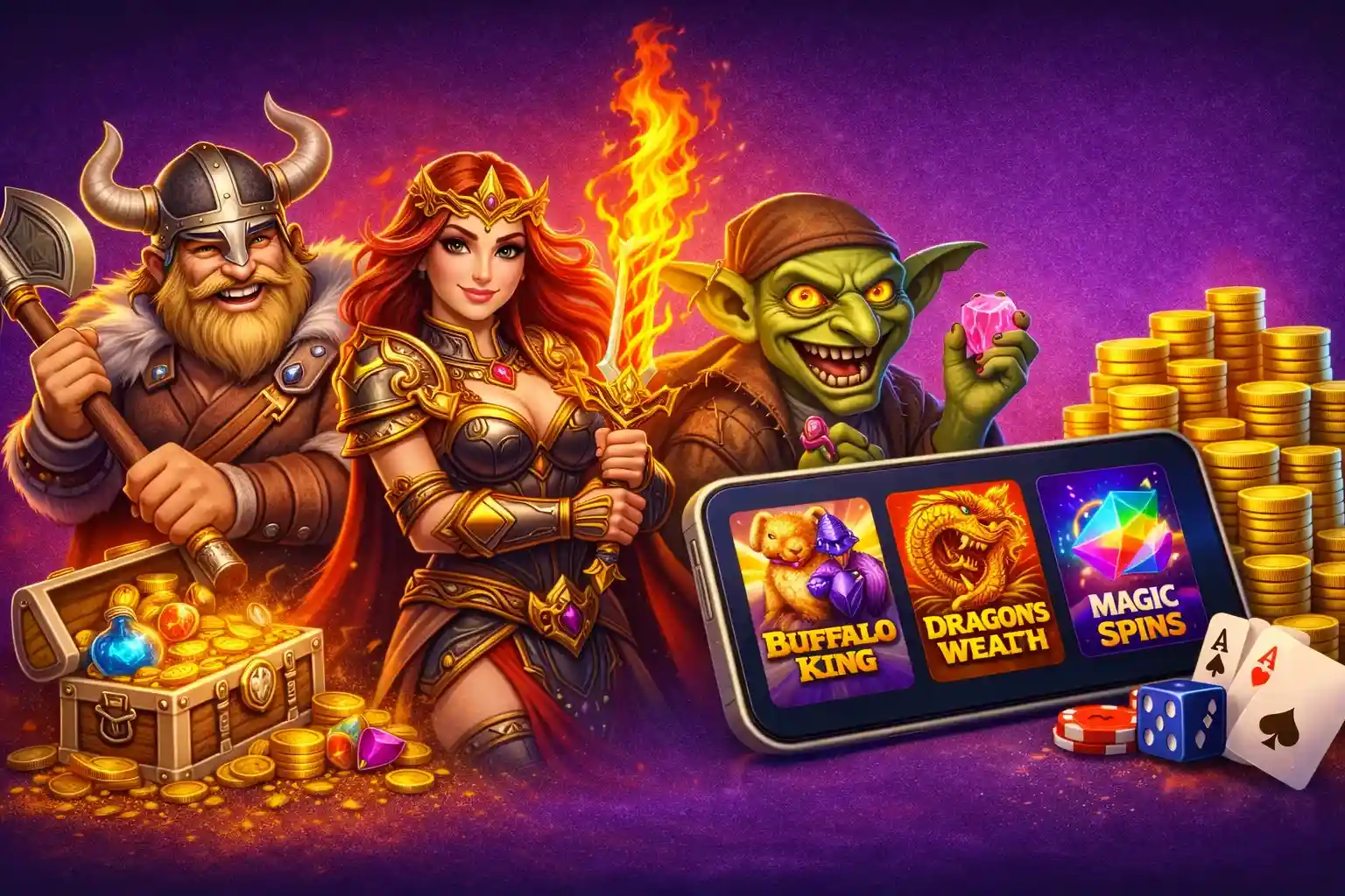 Viking warrior mage and goblin beside mobile slot games and treasure